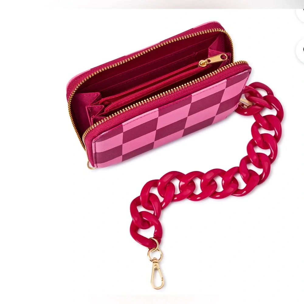 Pink light pink checkered acrylic chainlink wristlet purse clutch wallet new